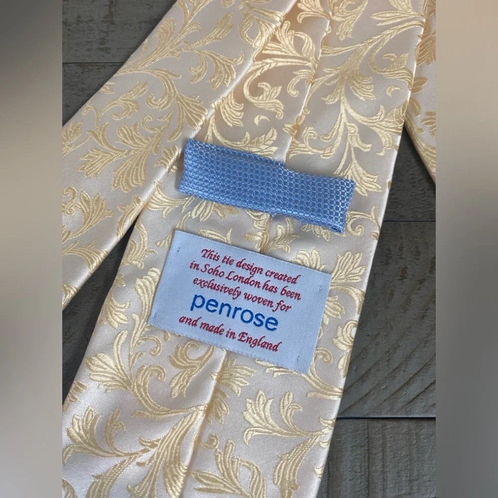 Penrose 100% Mulberry Silk Elegant Gold Jacquard  Leaf Print Tie Made in England